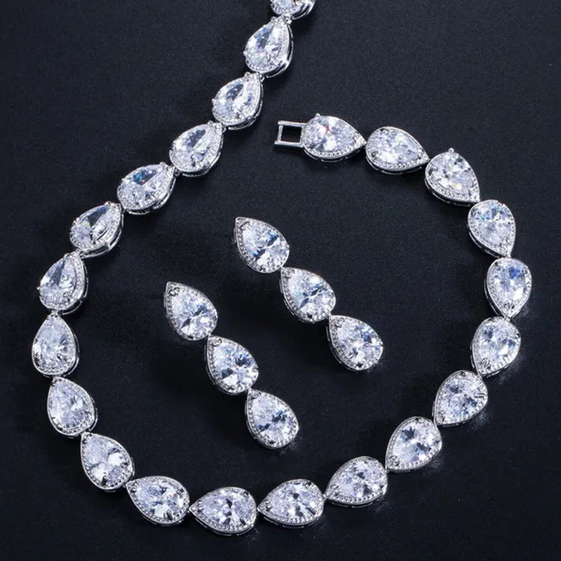 Gloriya Noble Jewelry Set Bridal Accessories High Quality Platinum Plated CZ Water Drop Charm Choker Necklace Earrings for Women Heavy Dinner