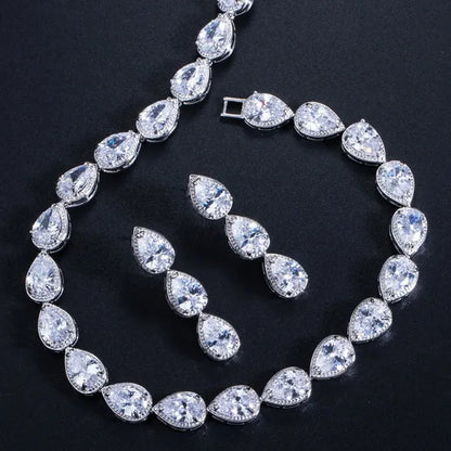 Gloriya Noble Jewelry Set Bridal Accessories High Quality Platinum Plated CZ Water Drop Charm Choker Necklace Earrings for Women Heavy Dinner