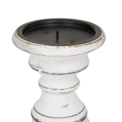 White Mango Wood Turned Style Pillar Candle Holder (Set of 3)