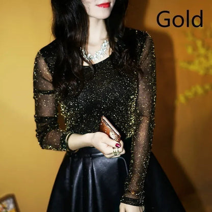 Korean new style sexy T-shirt Party Fashion New Wild Shiny Gold and Silver Mesh Yarn Round Neck Shirt Blouses