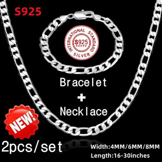 2Pcs/Set(Bracelet+Necklace) Charm Men Women Figaro Curb Link Chain Bracelet Necklace Fashion 925 Sterling Silver Exquisite Jewelry Gifts