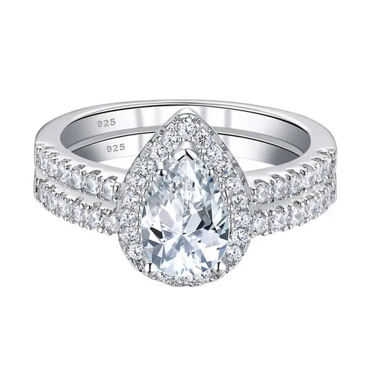 Newshe Halo Pear Shape Solid 925 Sterling Silver Wedding Engagement Rings For Women Water Drop AAAAA  Bridal Set Sz 4-13
