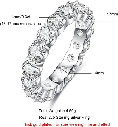Moissanite Eternity Ring, Round/Emerald/Princess Cut 5Cttw D Color 925 Sterling Silver Wedding Band Rings for Women