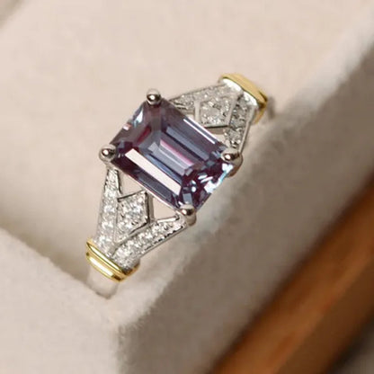 Dazzling Natural Alexandrite Diamond & Aquamarine Two Tone 925 Sterling Silver Engagement Wedding Ring for Women