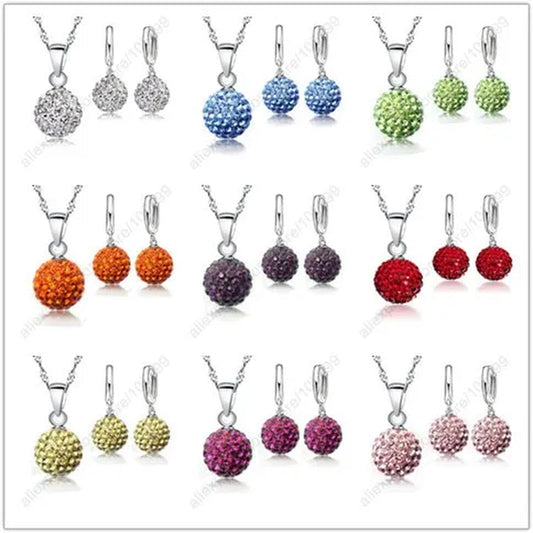 Hot New Jewelry Sets 925 Sterling Silver Austrian Crystal Pave Disco Ball Lever Back Earring Pendant Necklace Woman Wedding