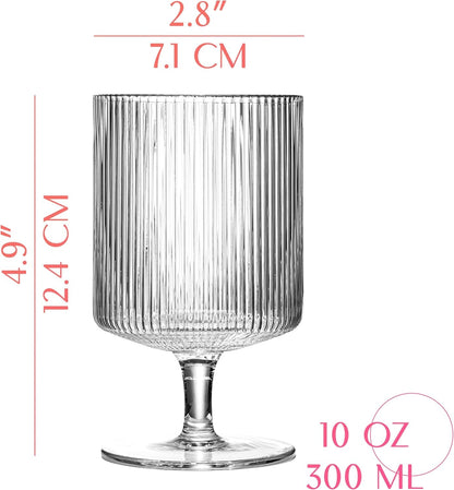 Vintage Art Deco Ribbed Goblet Cocktail Glasses with Stem | Set of 4 | 10 Oz Short Stemmed Crystal Tumblers for Drinking Classic Whiskey, Gin, Vodka Bar Drinks