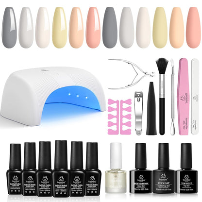 Beetles Gel Nail Polish Kit with 48W light 18 Pcs Gel Starter Kit,6 colors Nude Pink French White Glitter Gel Polish Soak Off Base Top Coat Gel Art Manicure Kit