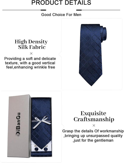 Plaid Ties for Men Silk Checkered Necktie and Pocket Square Cufflinks Tie Clip Set with Gift Box for Wedding Business