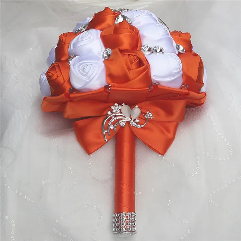 Private Custom Wedding Flower Bride Bouquet 18CM Silk Rose Wedding Bouquet Crystal Brooch Ribbon Bow Bride Bridesmaid Holding Flowers