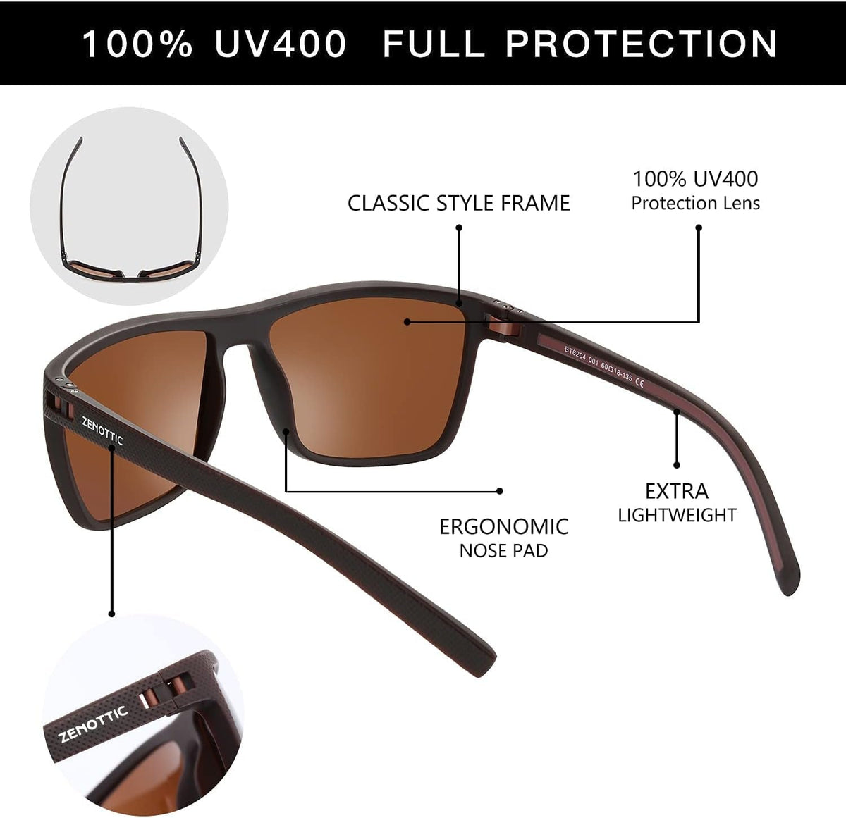 Polarized Sunglasses for Men Lightweight TR90 Frame UV400 Protection Square Sun Glasses