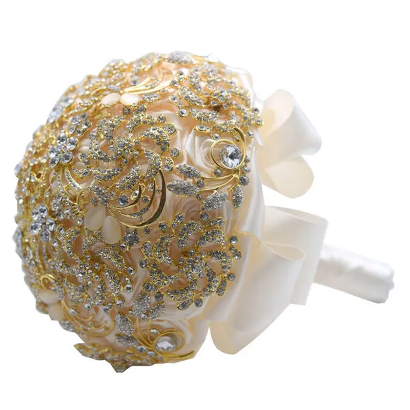 18CM Luxury Full Diamond Wedding Bouquet Shiny Crystal Brooch Bridal Bouquet Satin Ribbon Roses Wedding Flowers Bride Holding Flowers
