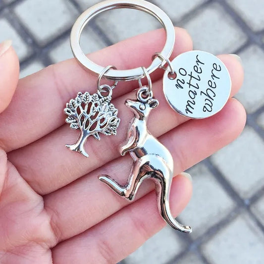 No Matter Where Kangaroo Key Ring, Kangaroo and Tree Keychain, Friendship Jewelry, Meaningful Jewelry, Initial, Stamped