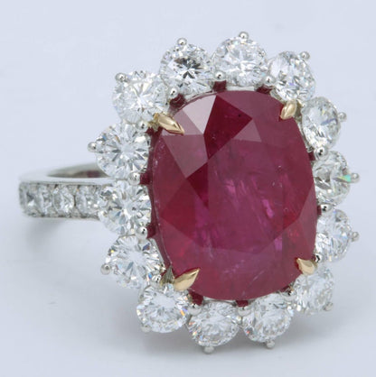 Intense Red 10 Carat Ruby Cushion Cut Diamond Platinum Cocktail Ring