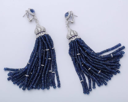 Elegant 300 Carat Blue Sapphire Diamond 18k White Gold Tassel Earrings