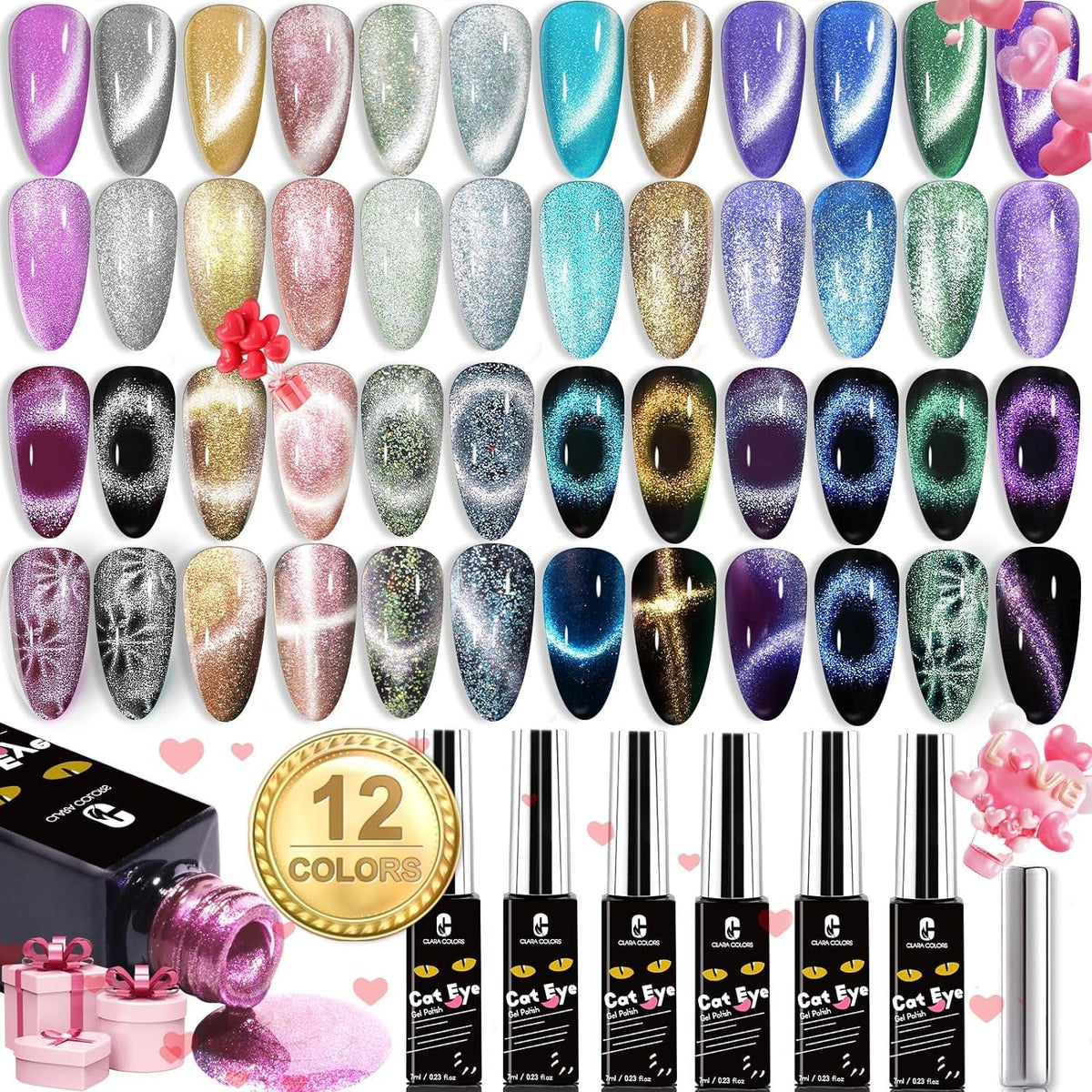 Cat Eye Gel Nail Polish Set of 12 Colors Magnetic Nail Polish Set Holographic Glitter 9D Galaxy Series Cat Eye Gel Polish Set with 2 Magnet Stick for Home DIY Soak Off UV LED