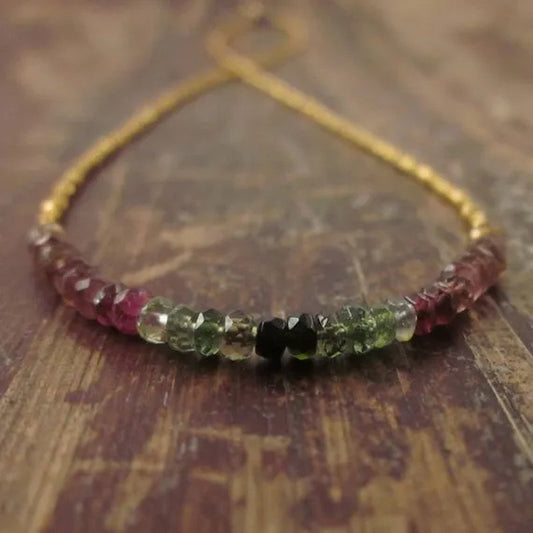 Watermelon Tourmaline Necklace October Birthstone Necklace Gold Beaded Necklaces