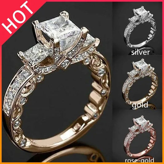 Classic and Fashionable silver-plated Super Flash Princess-cut Diamond Ring Bridal Engagement Wedding Ring Anniversary Christmas Gift Jewelry Accessories Size 5-11