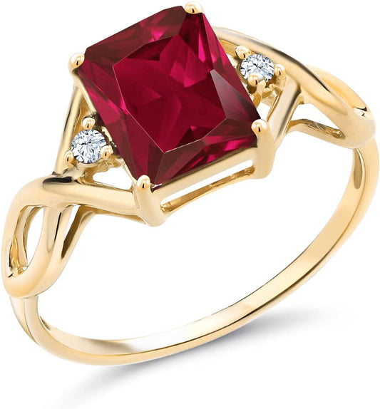 18K Yellow Gold Plated Silver Red Created Ruby Ring for Women (2.83 Cttw, Emerald Cut 9X7MM, Gemstone Birthstone, Available in Size 5, 6, 7, 8, 9)