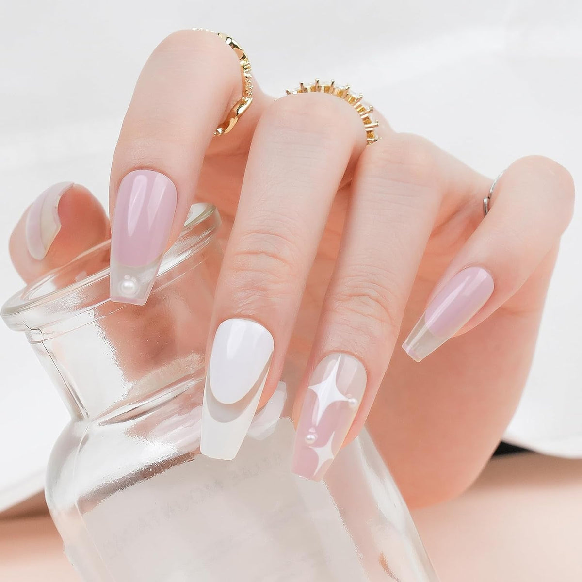 White Press on Nails Short,  Square Solid Color Fake Nails with Glue, Reusable & Natural Acrylic False Nails Stick on Nails for Women Girls Gift, Gel Nail Kit, 24pcs