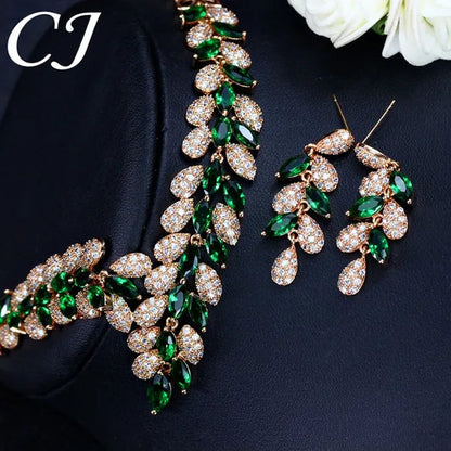CANDICE High Quality Green Crystal Dubai Gold Plated Jewelry Sets Luxury CZ Stone African Necklace Earrings Wedding Set for Bridal Party