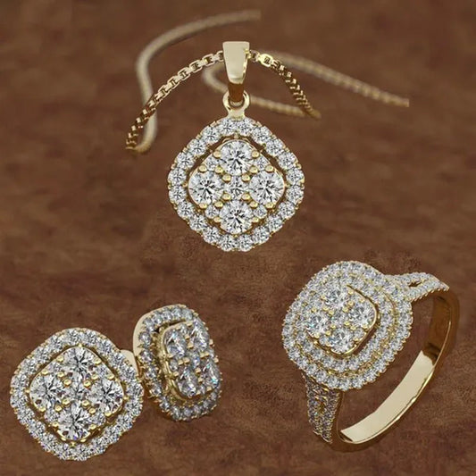 Classic Wedding Jewelry Set Stud Earrings + Pendant Necklace + Ring Lady Fashion Party Accessories