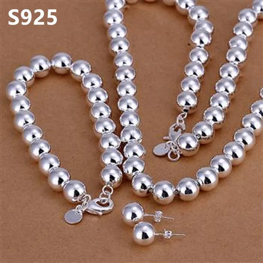 3Pcs 925 Sterling Silver 8MM Buddha Beads Earring Bangle Bracelet Necklace Jewelry Set