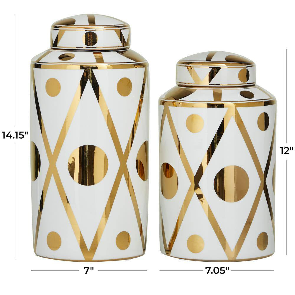 White Ceramic Geometric Decorative Jars with Gold Accents (Set of 2)