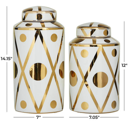 White Ceramic Geometric Decorative Jars with Gold Accents (Set of 2)