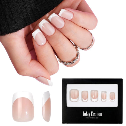 White Press on Nails Short,  Square Solid Color Fake Nails with Glue, Reusable & Natural Acrylic False Nails Stick on Nails for Women Girls Gift, Gel Nail Kit, 24pcs