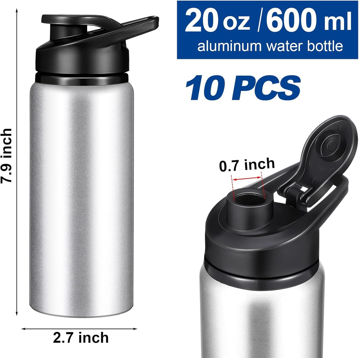 Water Bottle Bulk 20 Oz Aluminum Reusable Bottles Lightweight Snap Lid Water Cups Easy Carry Leak Proof Travel Tumbler for Gym Sports Camping Hiking Fishing