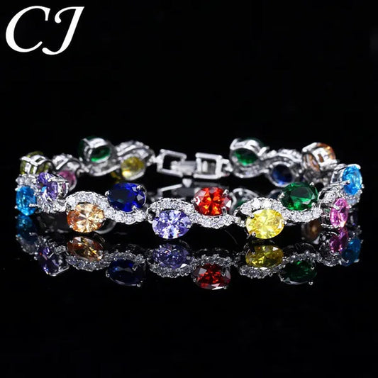 CANDICE Brilliant Multicolor Cubic Zirconia Crystal Pave Setting S Shaped Silver Plated Tennis Bracelets Bangles for Women New Summer Jewelry