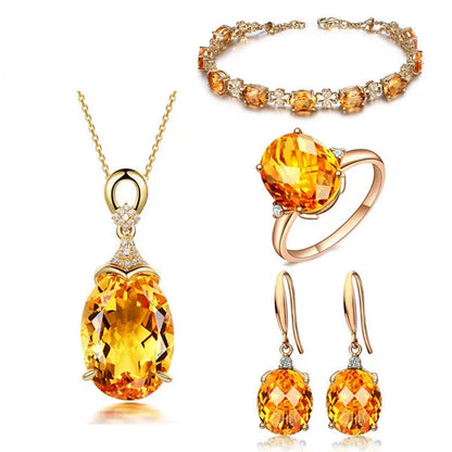 Simple Copper Plated 18k Golden  Citrine Water Drop Pendant Necklace Oval Claw Set Ear Hook Earrings Open-End Ring Flower Petal Inlaid Zircon Bracelets Jewelry Set for Elegant Women