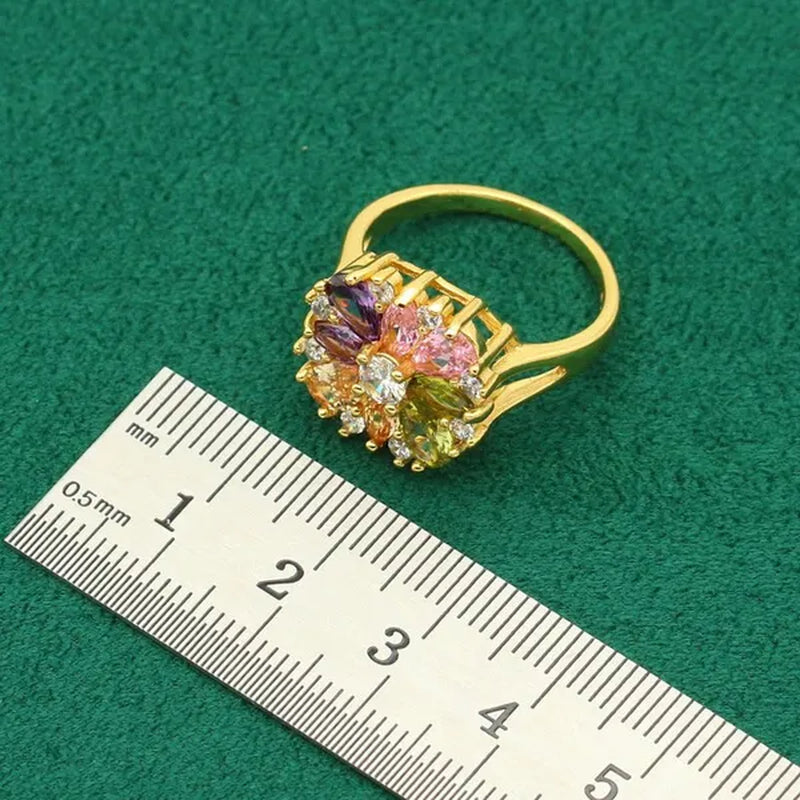 Classic Gold Color Jewelry Sets for Women Wedding Multi Color Zircon Bracelet Earrings Necklace Pendant Ring 4PCS