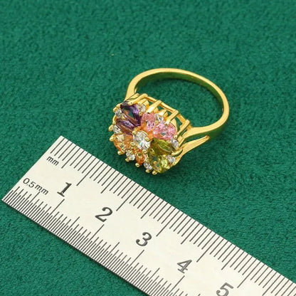 Classic Gold Color Jewelry Sets for Women Wedding Multi Color Zircon Bracelet Earrings Necklace Pendant Ring 4PCS