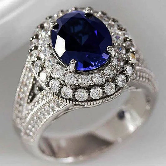 Luxury Vintage Oval Cut Blue Sapphire Ring for Women Princess Wedding Engagement Banquet Party Micro Paved Diamond Jewelry for Women