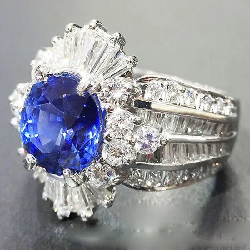 So Beautiful  Silver Natural Gemstones Sapphire And White Sapphire Wedding Birthstone Bride Engagement Anniversary Brand Big Ring Jewelry Size 6 7 8 9 10