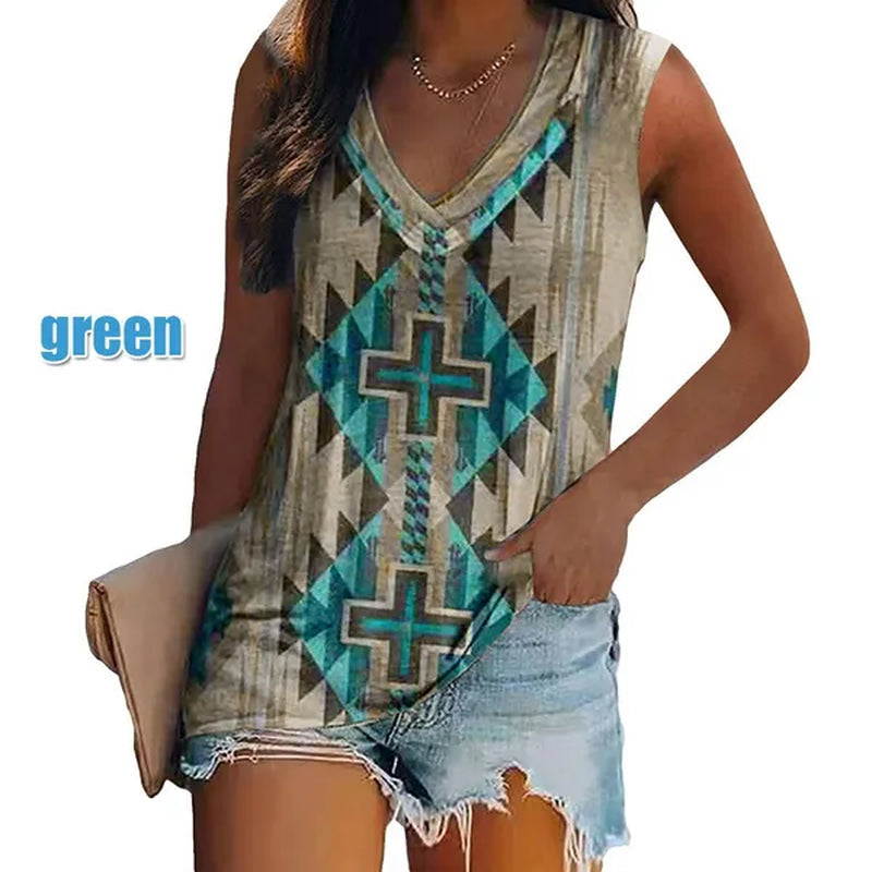 Ethnic Style Multi-pattern Print Sleeveless T-shirt Women's Vest V-neck Casual Loose Shirts Blouse Tank Top Camisoles
