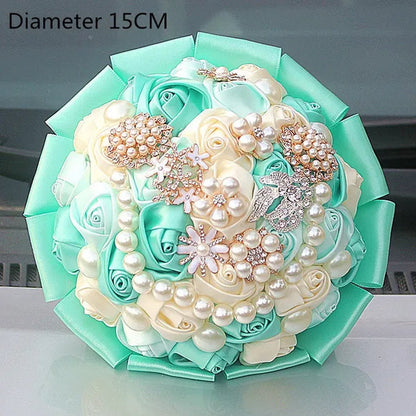 Customizable Mixed Color Silk Rose Wedding Bouquet Fine Pearl Diamond Brooch Bride Holding Flowers Artificial Wedding Flower Bridesmaid Bouquet 4Size