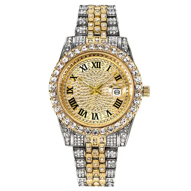 Full Bling Gold Large Diamond Watch For Men ICED-Out Hip Hop Mens Quartz Watches Waterproof Date Male Clock Gold Steel Relogio