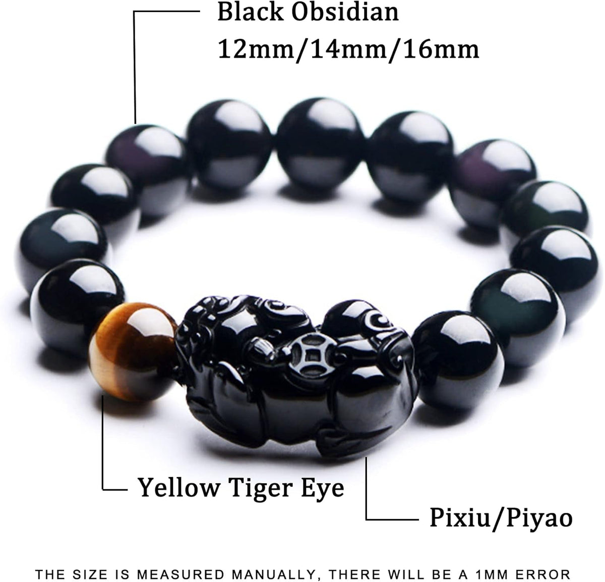 Beaded Bracelets,Protection Bracelets for Men Women，Feng Shui Bracelet Amulet Pixiu Black Vintage Bracelet Natural Black Obsidian Tiger Eye Beaded Chakra Balancing Bracelet Crystal Ward-Off Evil Spiri