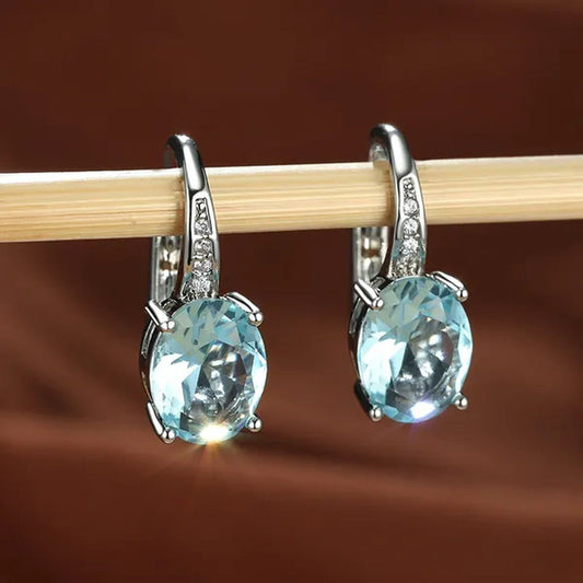 1Pair 925 Sterling Silver 14K White Gold Hoop Earrings New Fashion Oval Cut Aquamarine Amethyst Topaz Sapphire Diamond Earrings Drop Dangle Earrings Gift