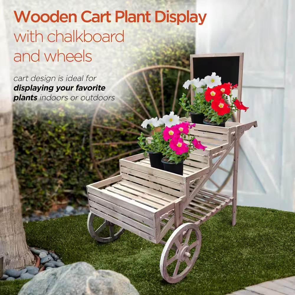 59 In. Tall Indoor/Outdoor Wooden Cart Plant and Display Stand with Chalkboard