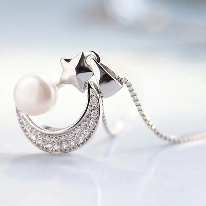 woman fashion Jewellery Elegant temperament   pearl Pendant  Gold-plated Stars and Moons Zircon AAA Necklace