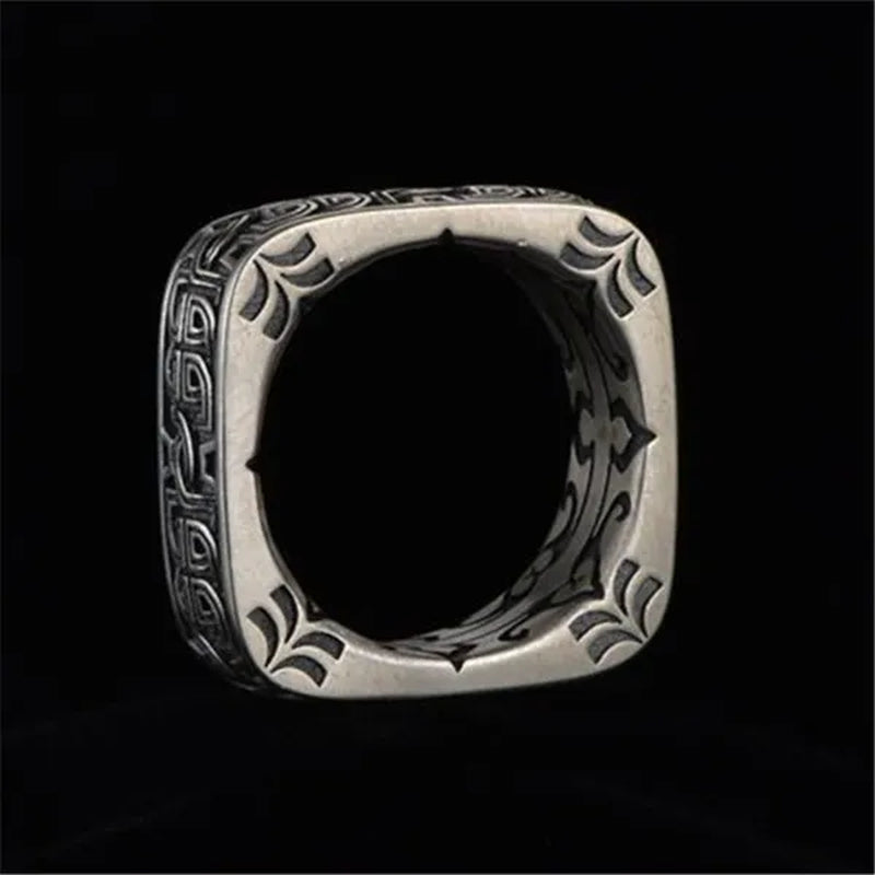 Vintage Carved Pattern 925 Silver Square Rings for Mens Punk Rings Silver Jewelry