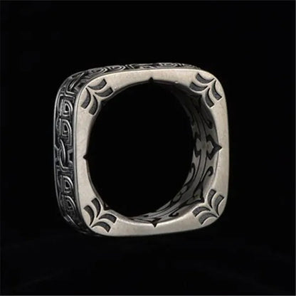 Vintage Carved Pattern 925 Silver Square Rings for Mens Punk Rings Silver Jewelry