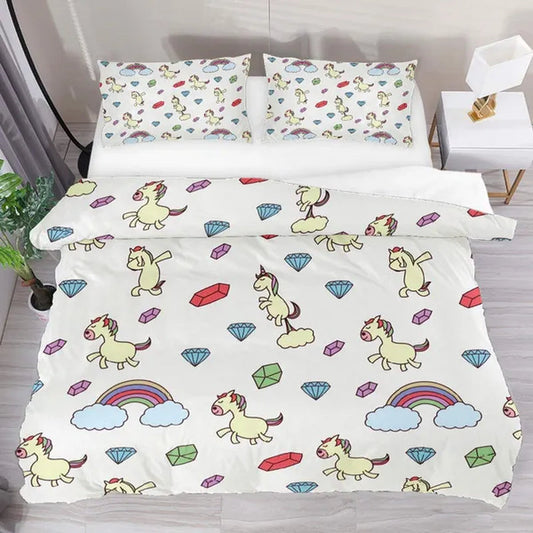 Bedding Set Funny Unicorn Seamless Diamond Rainbow Pattern Extral Long Twin Size 71x83 3pcs Duvet Cover Set Modern Customize Microfiber Quilt Bedspread with 2 Pillow Cases 1 Duvet Cover