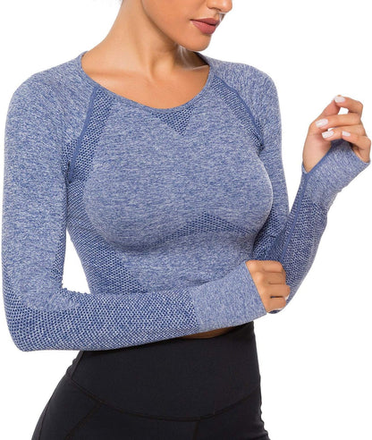 Women'S Long Sleeves Workout Crop Tops Seamless Sports Shirts Fitness Activewear