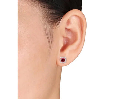 1.10 Carat (ctw) Lab Created Ruby Solitaire Halo Earrings in 10K Yellow Gold with Diamonds