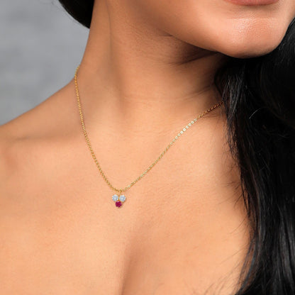 14K Yellow Gold White Moissanite and Red Ruby 3-Stone Pendant Necklace for Women (0.36 Cttw, Gemstone, round 3MM, 18 Inch Chain)