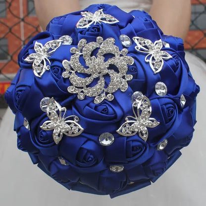18CM Stunning Red Butterfly Diamond Flowers Brooch Stitch Wedding Bouquet Mariage Polyester Bride Holding Flowers Ribbon Bridesmaid Bouquet